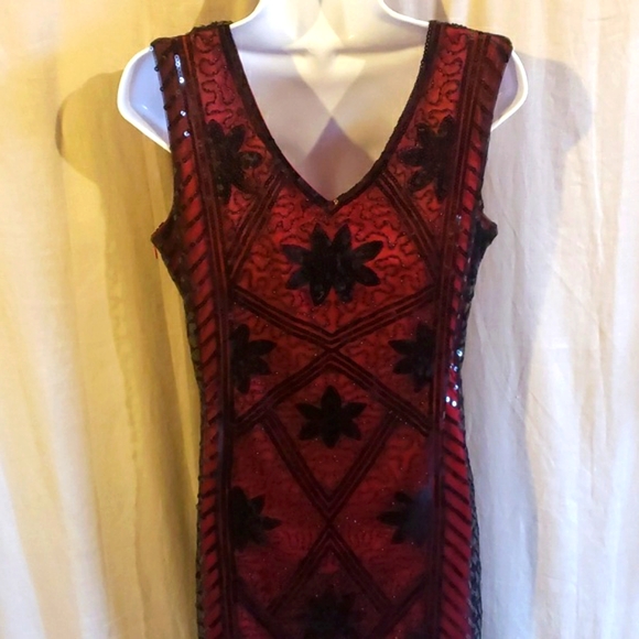 1920s Style Black & Red Sequined Sleeveless Cocktail Dress with Fringe - Picture 6 of 16